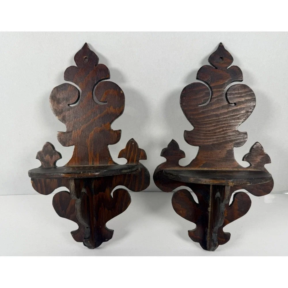 VTG Handmade Wooden Wall Shelf Pair Scroll Cut Hanging Display
